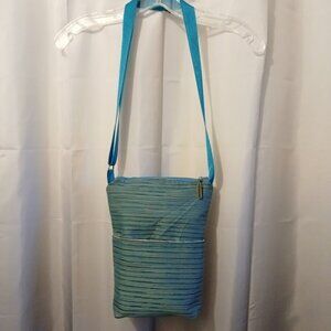 New Travel Sling Crossbody Purse Travel Carryall Teal Blue Gold Stripe Canvas